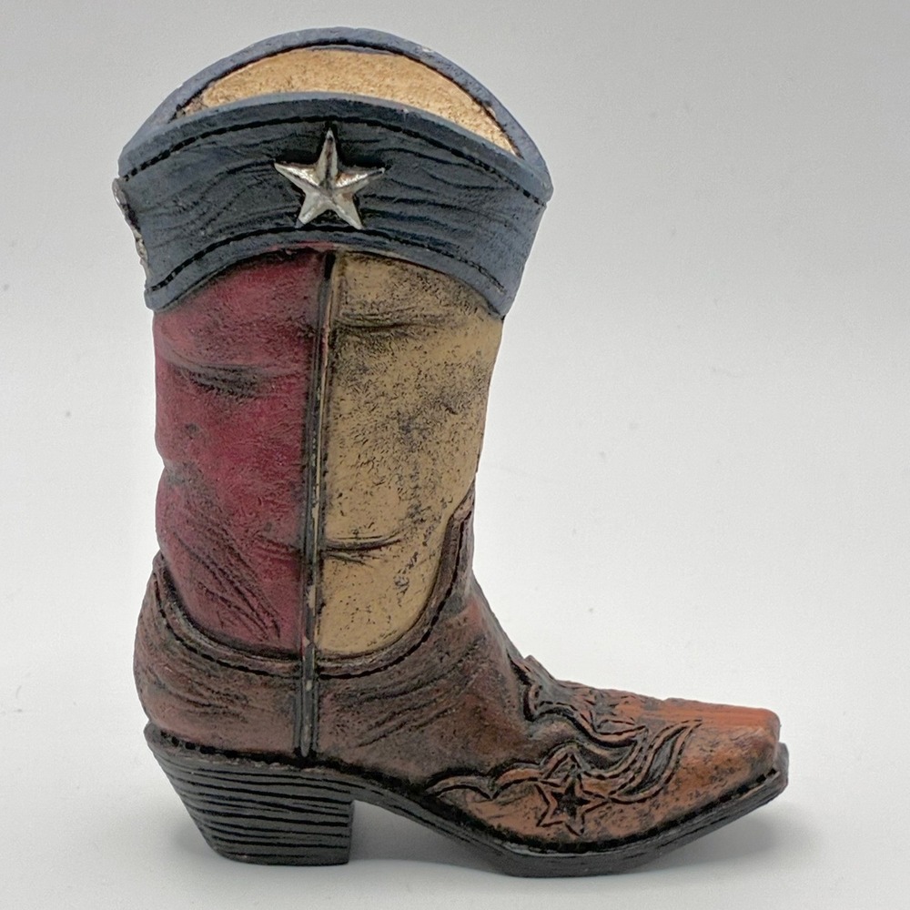 Cowboy Boot Figurine 3.5in Brown Red White Blue Patriotic Resin Star - Picture 7 of 7